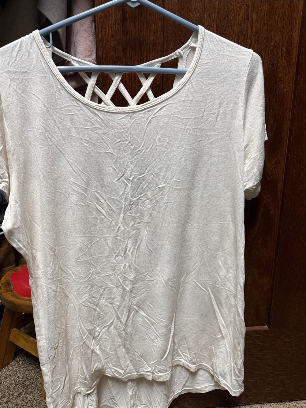 Women's Cream Short-Sleeve Top with Lattice Back